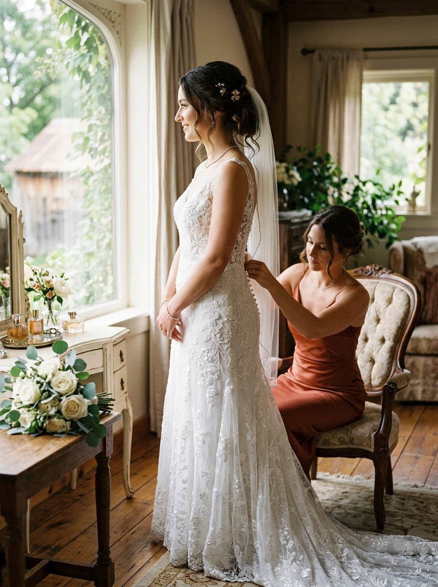 Bride getting ready by a window